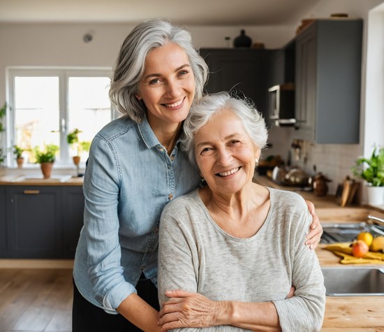 Eine Betreuerin der Weißen Elfen steht lächelnd neben einer Seniorin in heller Küche